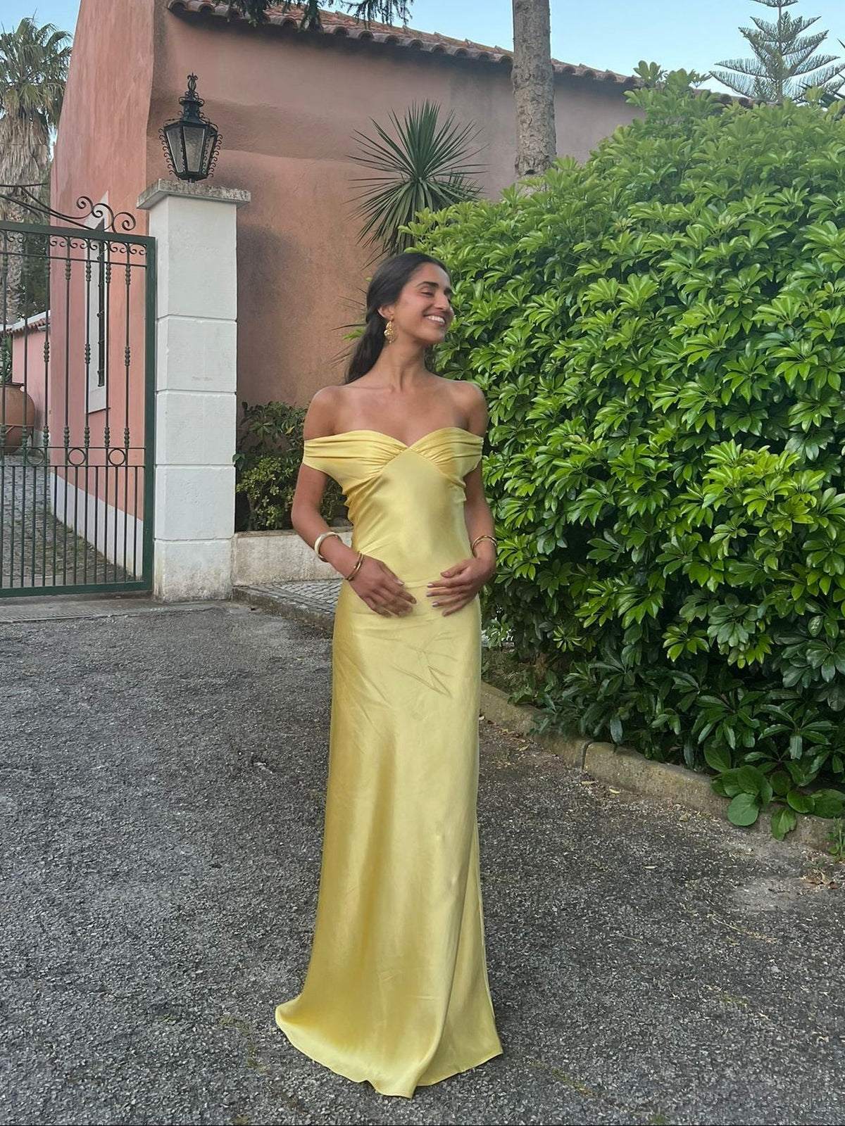 Andie off shoulder satin dress - Yellow