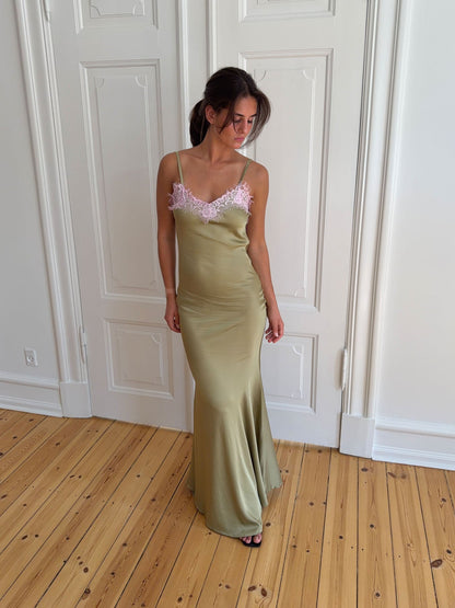 Vera satin dress -  Olive green/light pink