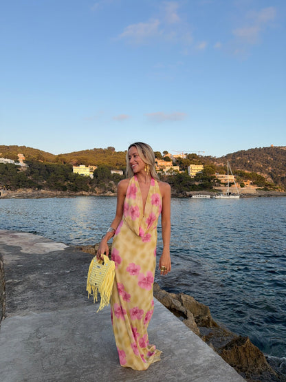 Columbine maxi dress - Yellow with pink flowers