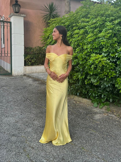 Andie off shoulder satin dress - Yellow