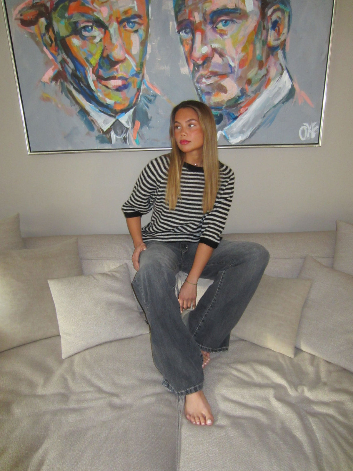 Almina knitted t-shirt with stripes - Black/white