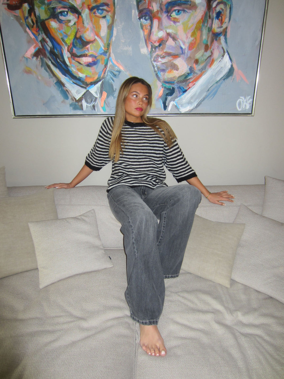 Almina knitted t-shirt with stripes - Black/white