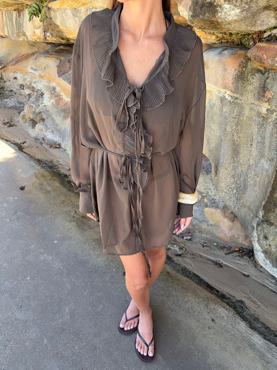 Rose dress with ruffles  – Dark Brown