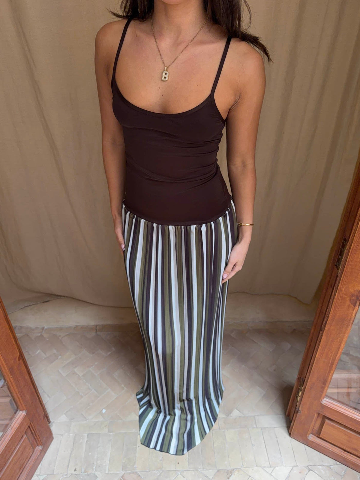 Nessa dress with stripes - Green/brown/white