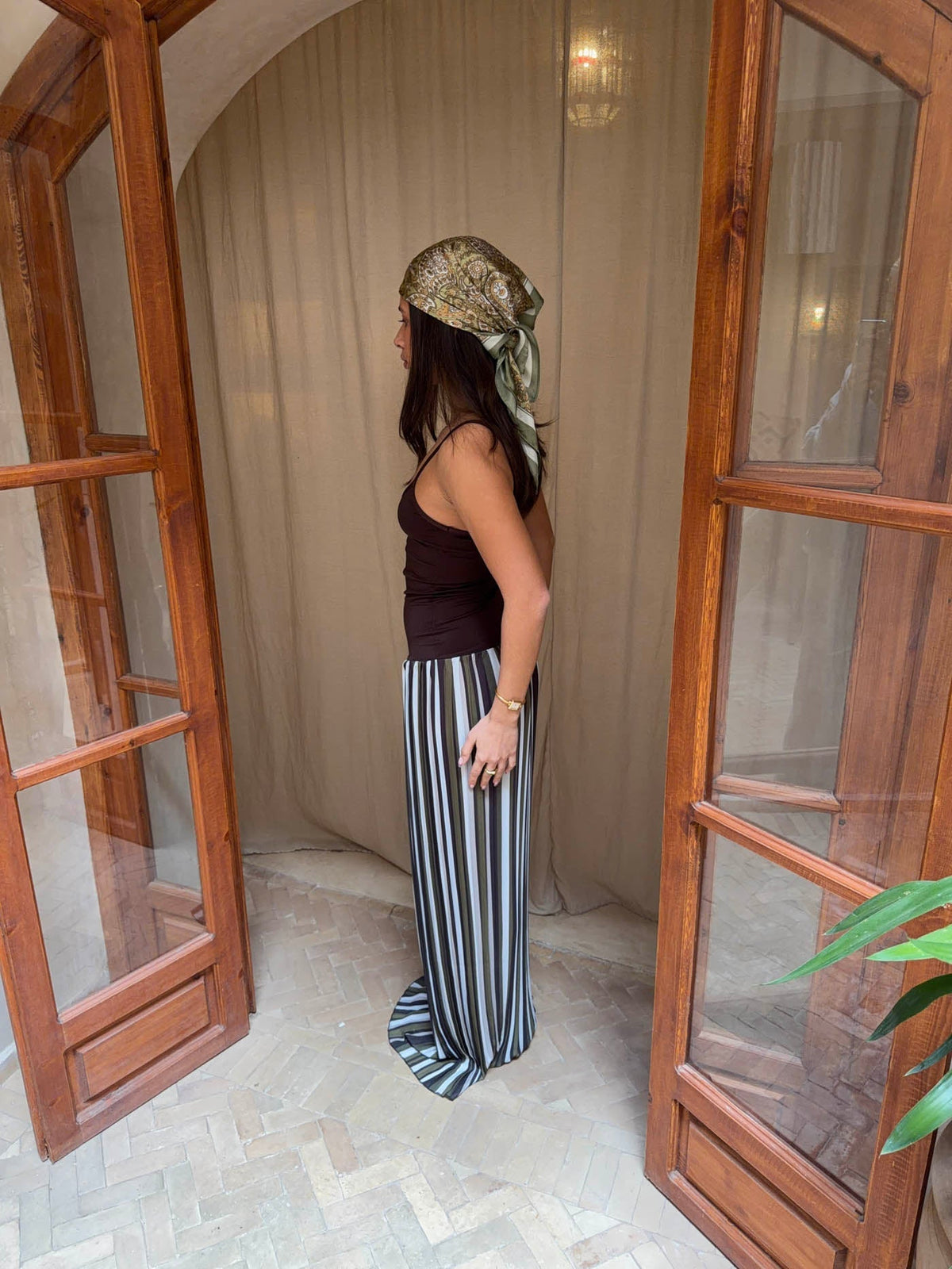 Nessa dress with stripes - Green/brown/white