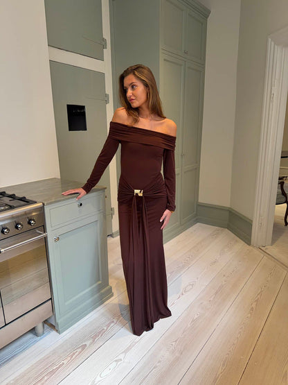 Lea long sleeve dress with gold detail - Brown