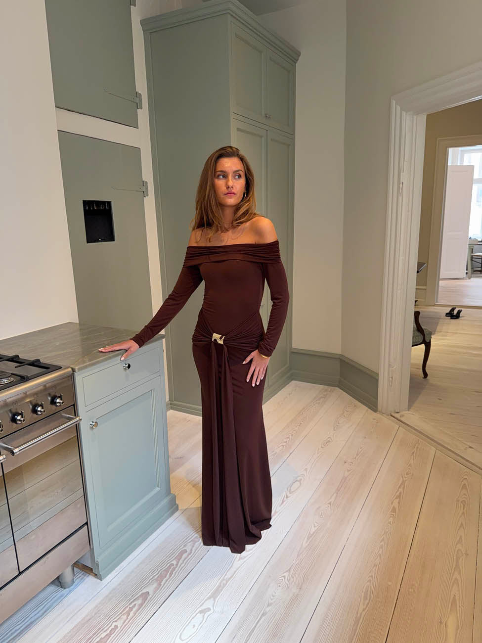 Lea long sleeve dress with gold detail - Brown