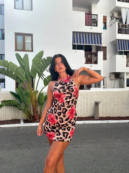 Orchida leopard dress with flowers – Black/brown/pink