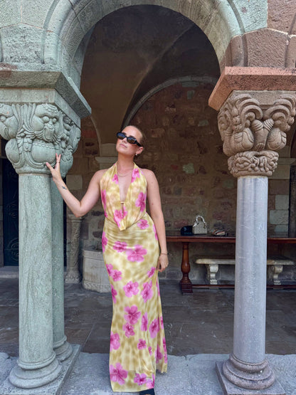 Columbine maxi dress - Yellow with pink flowers
