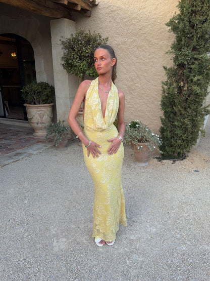 Eudora maxi dress with sequin flowers – Light yellow
