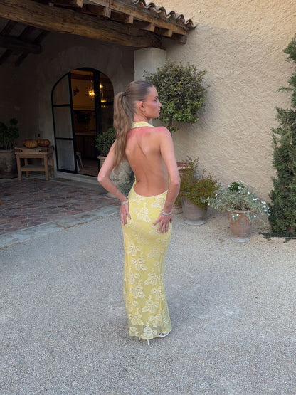 Eudora maxi dress with sequin flowers – Light yellow