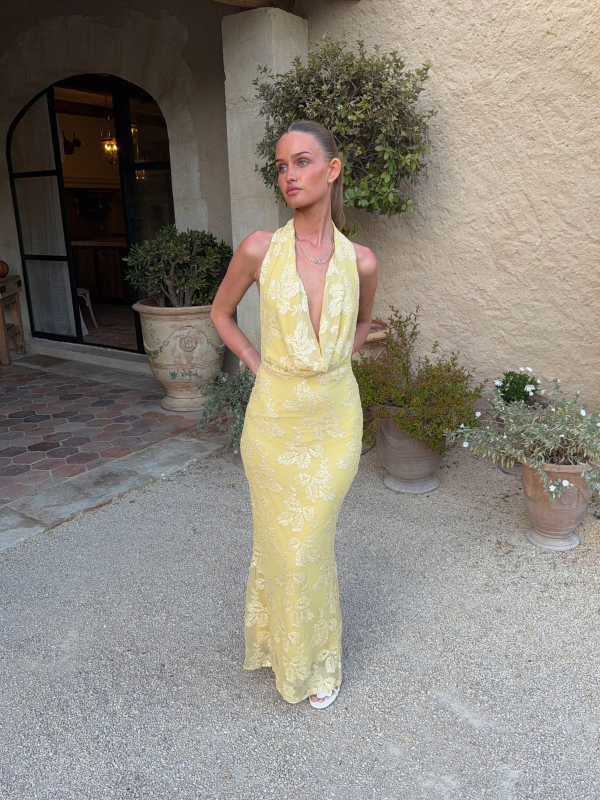 Eudora maxi dress with sequin flowers – Light yellow