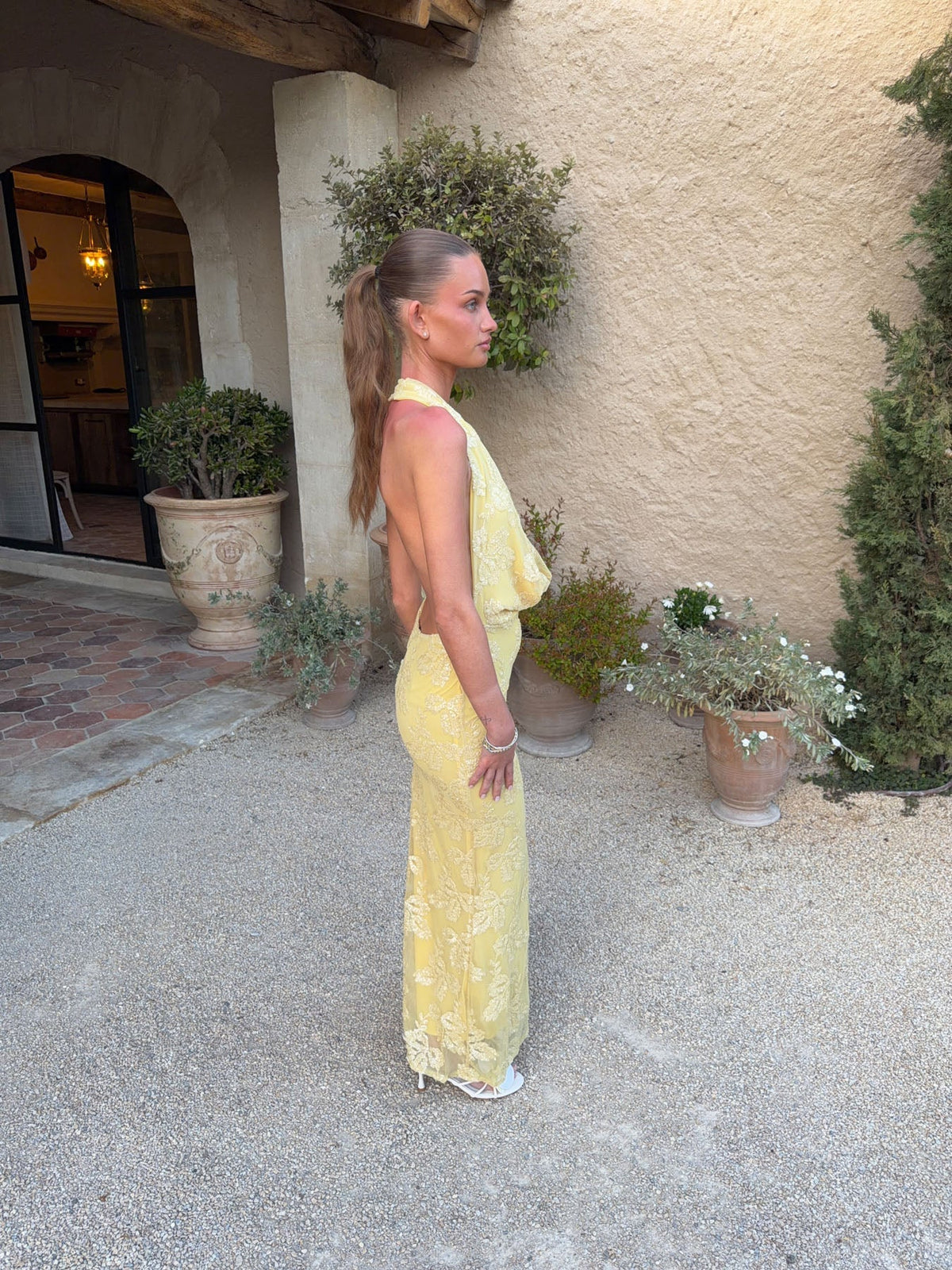 Eudora maxi dress with sequin flowers – Light yellow