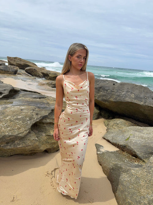 Juliana satin dress - Gold with red flowers