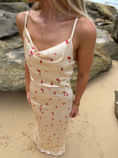 Juliana satin dress - Gold with red flowers